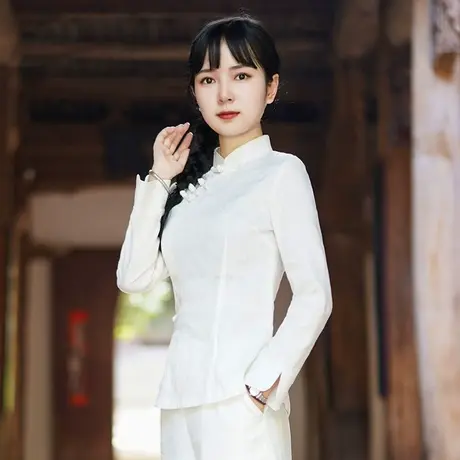 筠雅唐装女中国风旗袍式上衣白色棉麻长袖上衣经典复古中式女装秋商品大图