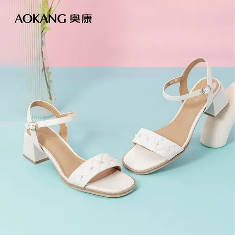 奥康女鞋夏季款露指珍珠粗跟一字带舒适时尚女凉鞋休闲百搭图片