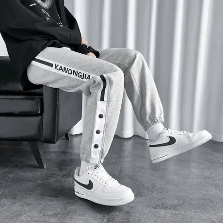 春秋运动裤男宽松潮流青少年初中学生棉感排扣束脚九分裤男士卫裤商品大图