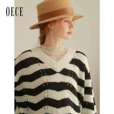 Oece慵懒风毛衣女2023秋季新款女装复古条纹气质上衣宽松毛衣商品大图