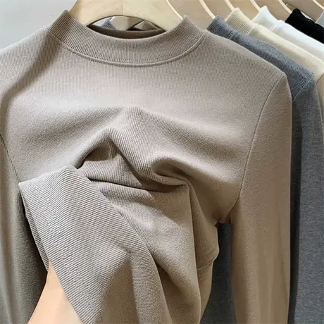 欧货半高领打底衫女秋冬螺纹弹力软糯亲肤磨长袖T恤磨毛内搭上衣商品大图