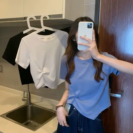 春夏季2023年新款短款小众设计感不规则别致短袖T恤女装宽松上衣商品大图