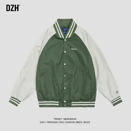 男生绿色潮牌棒球服男春秋学院风拼接刺绣外套2023新款飞行员夹克图片