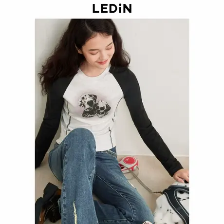 乐町美式复古风秋季新款撞色插肩袖斑点狗印花修身长袖T恤商品大图