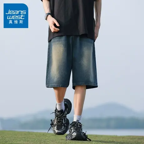 N5真维斯牛仔短裤男2025夏季新款潮牌男装休闲宽松百搭直筒五分裤图片