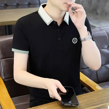 撞色polo衫男装夏季新款高端翻领短袖T恤美式复古保罗衫帅气上衣商品大图