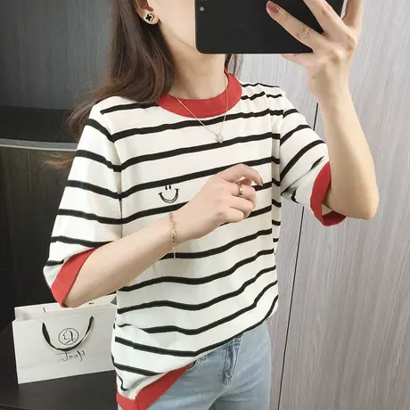 撞色条纹薄款针织衫上衣女夏季2025新款半袖显瘦宽松冰丝短袖t恤商品大图