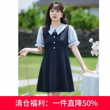 气质收腰A字摆遮肚子短袖条纹学院风显瘦胖MM大码连衣裙夏装新款图片
