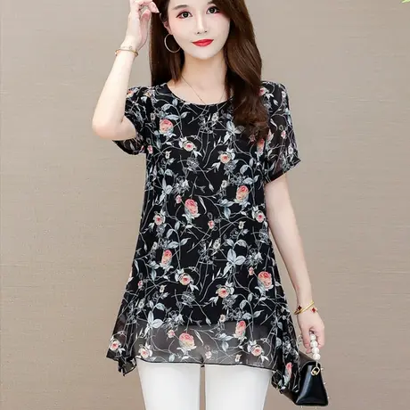 2023夏装新款短袖雪纺衫大码女装宽松打底衫中长款遮肚子印花上衣图片