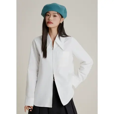 弥古白色拉链衬衫女小众设计感秋季长袖法式白衬衣上衣气质高级感商品大图