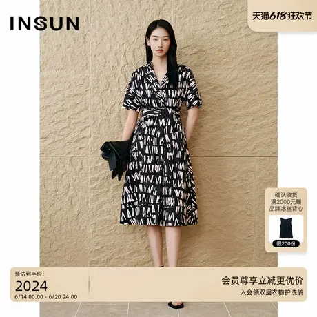 INSUN恩裳2025夏季全棉衬衫式收腰印花连衣裙图片