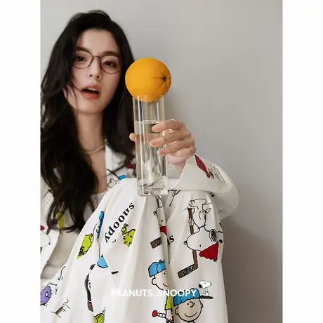 贝妍史努比睡衣女春秋新款柔软棉长袖家居服可爱卡通少女开衫套装商品大图
