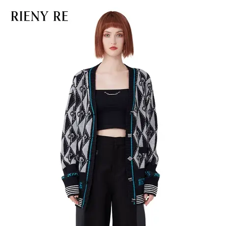 RIENYRE针织衫女2023秋冬新款复古气质V领宽松撞色针织开衫外套女图片