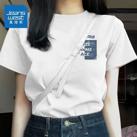 KWV真维斯正肩白色短袖t恤女2025新款爆款夏季女款纯棉宽松上衣女商品大图