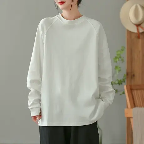 dza 复古圆领套头白色纯棉卫衣女士春秋新款宽松长袖休闲显瘦上衣图片