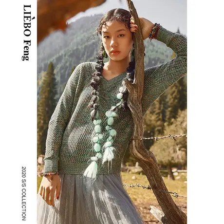 裂帛LIEBOFeng2023年复古文艺杂线镂空金属V领针织衫女商品大图