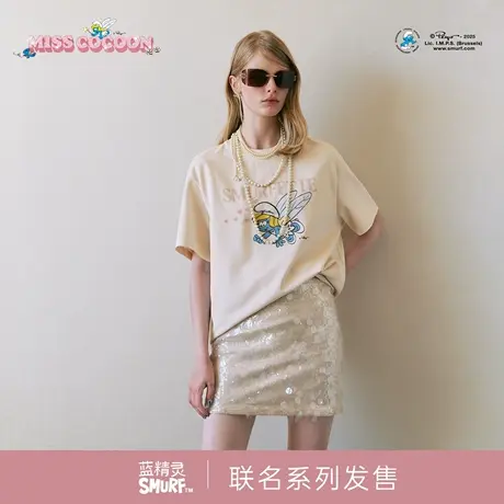 MISSCOCOON可可尼蓝精灵联名棉T恤女2025秋季新款圆领米色短袖商品大图