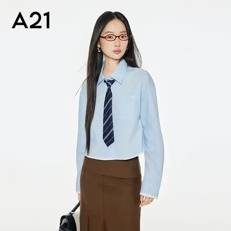 A21女装宽松短款衬衫2025秋季新款简约设计感落肩袖翻领长袖衬衣商品大图