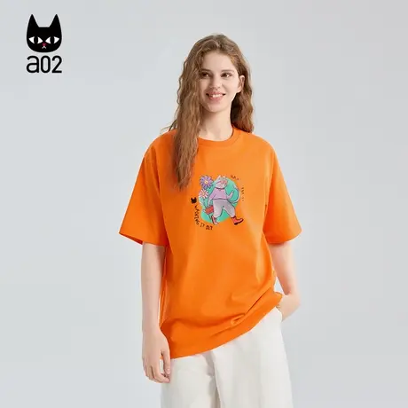 a02黑猫系列宽松橙色圆领短袖T恤女2025秋季设计感上衣通勤穿搭图片