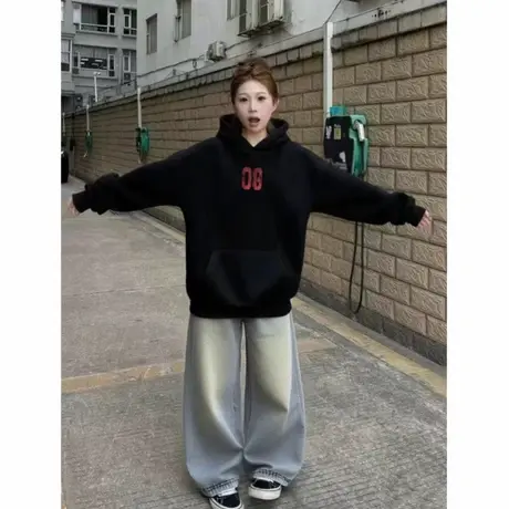 重磅黑色连帽卫衣女早秋2025新款爆款薄外套秋冬加绒加厚慵懒帽衫商品大图