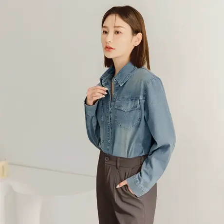 桔熊秋季仿旧牛仔衬衫女装水洗磨白翻领长袖上衣外套大码AB17549商品大图