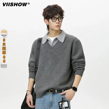 VIISHOW男女秋冬V领毛衣复古翻领polo针织衫长袖宽松男生保暖外套商品大图