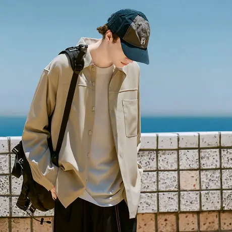 唐狮春秋季新款长袖衬衫男士浅卡其开衫外套宽松潮休闲上衣TD图片
