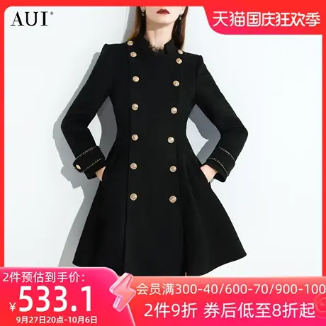 AUI小个子黑色裙摆毛呢外套女冬2023新款复古气质修身呢子大衣厚图片