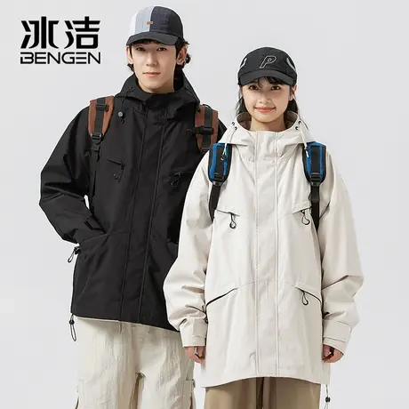 冰洁连帽夹克女2023年秋冬季纯色工装潮流情侣装休闲防风外套MYY商品大图