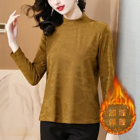 秋冬季加绒半高领打底衫女加大码女装中老年妈妈内搭提花长袖T恤图片