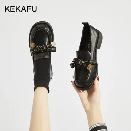 珂卡芙乐福鞋女2023新款秋季软底粗跟小皮鞋法式黑色蝴蝶结单鞋女图片