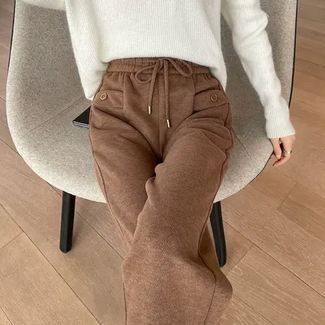 棕色羊毛哈伦裤女秋冬新款松紧腰九分宽松老爹裤小个子毛呢萝卜裤商品大图