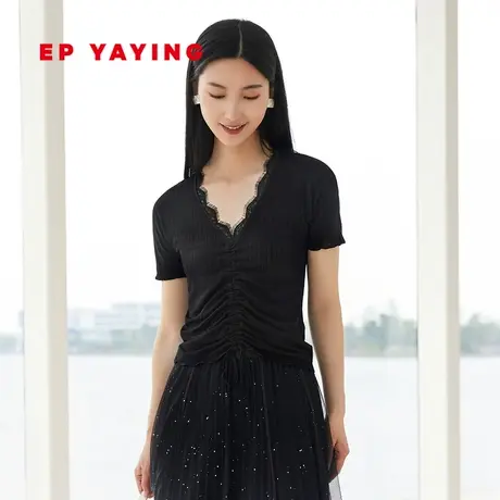 EP YAYING雅莹女装 浪漫花边v领抽绳醋酸小衫短袖 商场同款5502A商品大图
