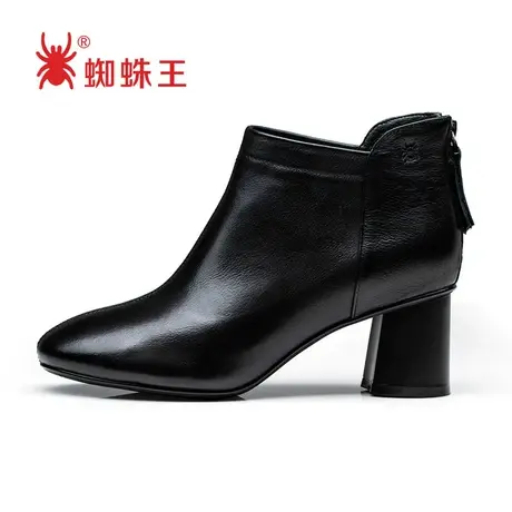 蜘蛛王清仓靴子秋冬季女黑色高跟时尚真皮真皮圆头粗跟百搭短靴商品大图