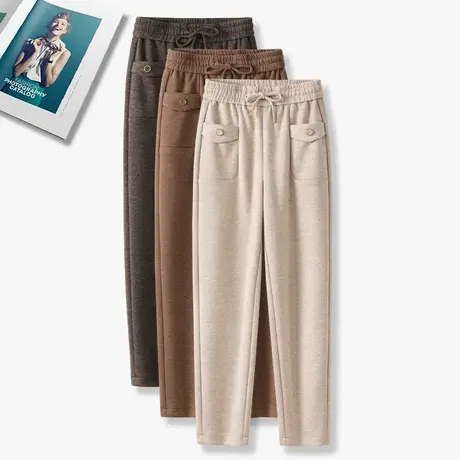 羊毛呢哈伦裤女秋冬季松紧抽绳高档软糯萝卜裤大码胖mm保暖老爹裤图片