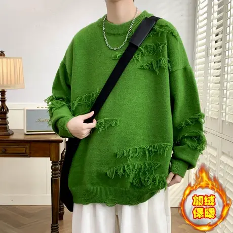 个性潮牌圆领毛衣男士秋冬季加绒宽松针织衫学生日系加厚情侣线衣图片