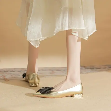 粗跟单鞋女2023新款蝴蝶结水钻尖头低跟鞋玛丽珍软皮高跟鞋不累脚商品大图