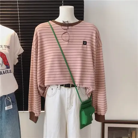 加绒加厚休闲宽松长袖T恤女外穿德绒打底衫韩版百搭条纹刺绣上衣商品大图