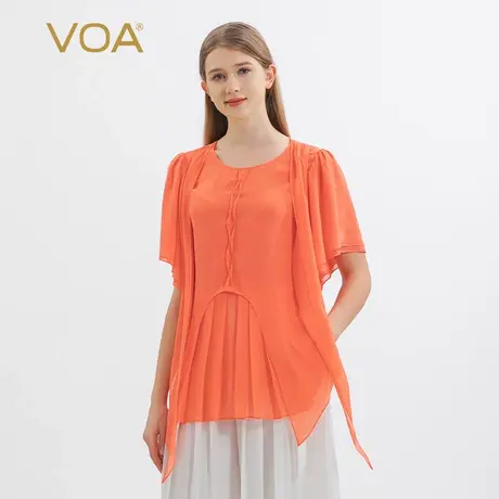 VOA提花冠乐绉桑蚕丝橙色圆领对丝工艺褶皱双层荷叶短袖真丝T恤图片