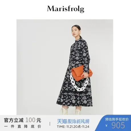 Marisfrolg玛丝菲尔女装21冬新款碎花黑色长袖中长款连衣裙裙子商品大图