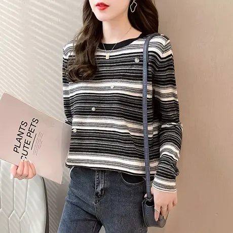 5372新款韩版宽松圆领条纹纽扣针织衫打底衫长袖毛衣内搭上衣商品大图