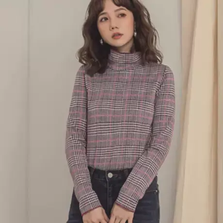 桔熊秋冬季通勤气质千鸟格子半高领打底衫合身上衣女装大码AB8435图片