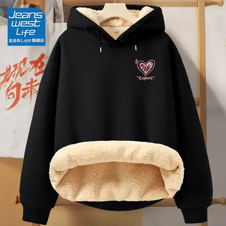 真维斯LIFE冬季卫衣女加绒加厚2023新款黑色连帽羊羔绒百搭上衣W商品大图