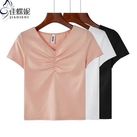 夏季新款韩版纯白修身V领褶皱纯色短袖体恤上衣内搭打底衫女装商品大图