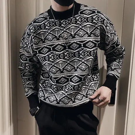 毛衣男花色秋冬季满印菱格提花设计感时尚休闲加厚内搭毛线针织衫商品大图