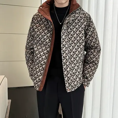 轻熟风撞色满印高级感冬季花色轻薄羽绒男立领防寒加厚白鸭绒外套图片