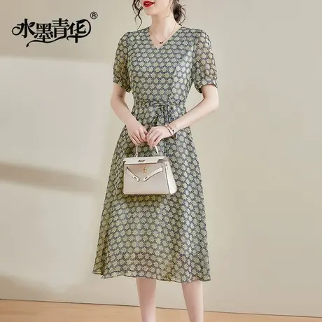 【1件7.9折】夏装新品显瘦V领雪纺裙柔软舒适中长款印花连衣裙商品大图