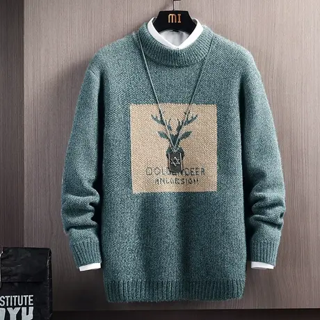 毛衣男士圆领秋冬季2023新款宽松加绒加厚针织打底羊毛衫保暖线衣图片