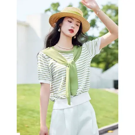 时尚气质条纹披肩针织衫女士2023年夏季新款减龄透气显瘦上衣T恤商品大图