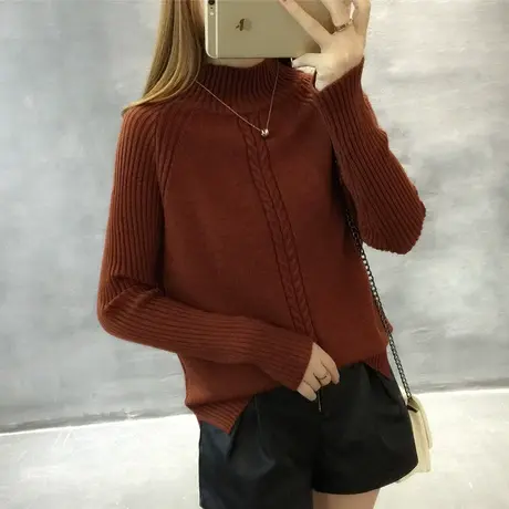 清仓！半高领毛衣女套头秋冬新款短款宽松上衣纯色长袖针织打底衫商品大图